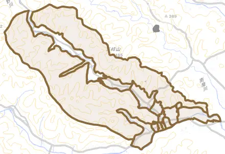 口粟野とその周辺の地図。町の範囲を重ねている