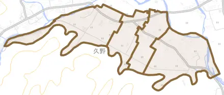 久野とその周辺の地図。町の範囲を重ねている