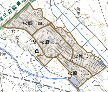 松原とその周辺の地図。町の範囲を重ねている