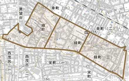 緑町とその周辺の地図。町の範囲を重ねている