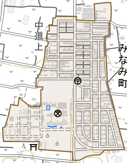 みなみ町とその周辺の地図。町の範囲を重ねている