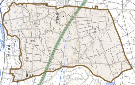 南上野町とその周辺の地図。町の範囲を重ねている