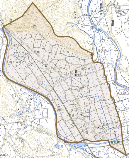 見野とその周辺の地図。町の範囲を重ねている