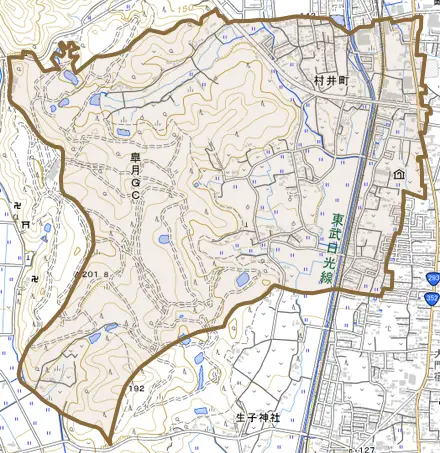 村井町とその周辺の地図。町の範囲を重ねている