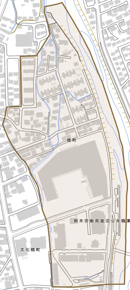睦町とその周辺の地図。町の範囲を重ねている