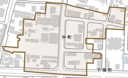 仲町とその周辺の地図。町の範囲を重ねている