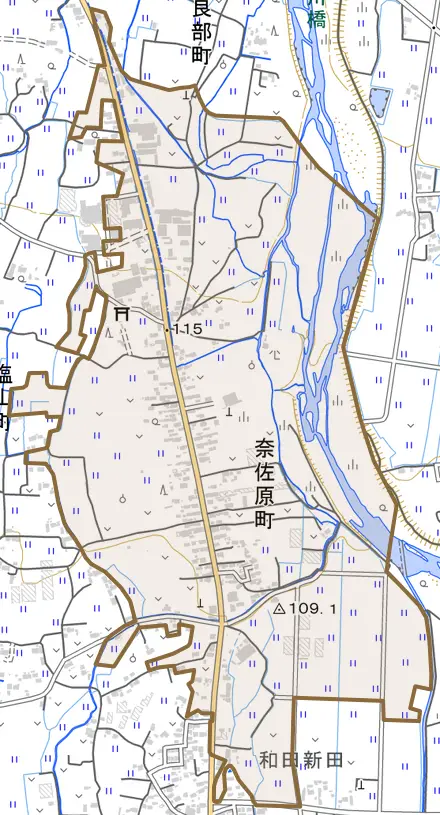 奈佐原町とその周辺の地図。町の範囲を重ねている