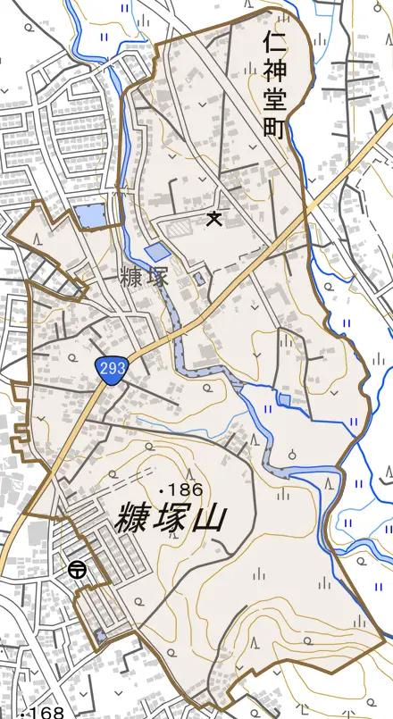 仁神堂町とその周辺の地図。町の範囲を重ねている