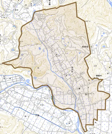 西沢町とその周辺の地図。町の範囲を重ねている
