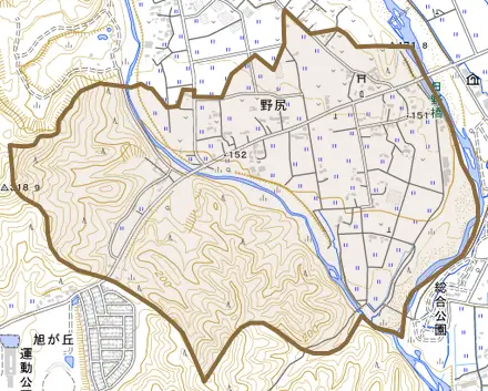野尻とその周辺の地図。町の範囲を重ねている