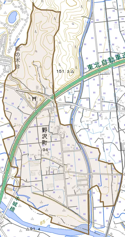 野沢町とその周辺の地図。町の範囲を重ねている