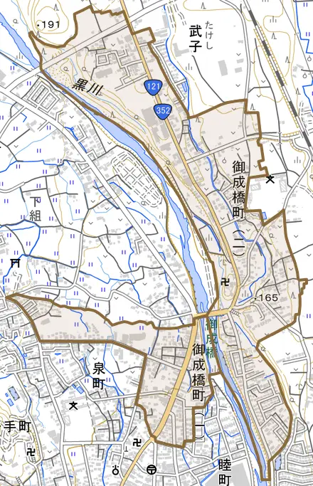 御成橋町とその周辺の地図。町の範囲を重ねている