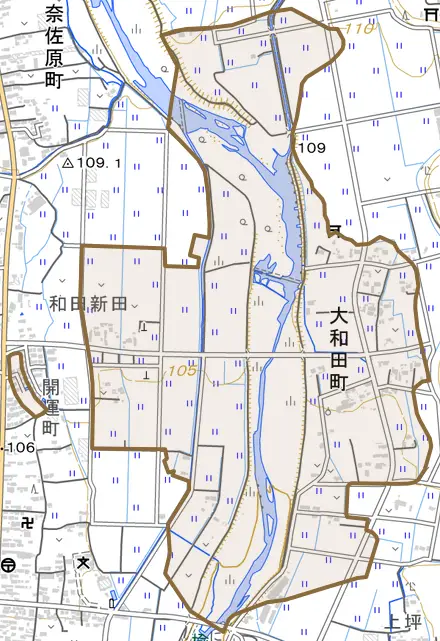 大和田町とその周辺の地図。町の範囲を重ねている