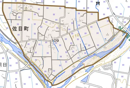 佐目町とその周辺の地図。町の範囲を重ねている