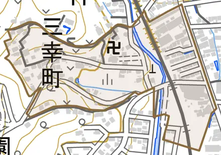 三幸町とその周辺の地図。町の範囲を重ねている