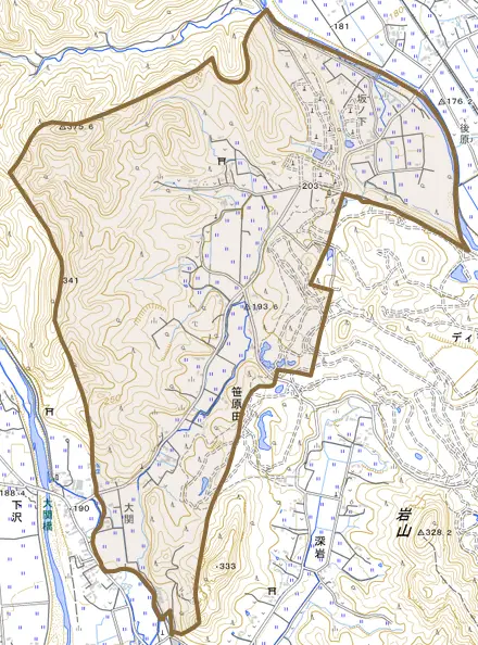 笹原田とその周辺の地図。町の範囲を重ねている