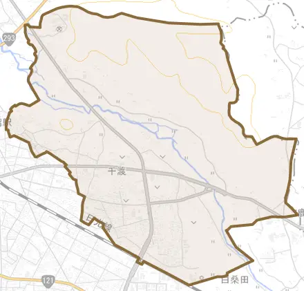 千渡とその周辺の地図。町の範囲を重ねている