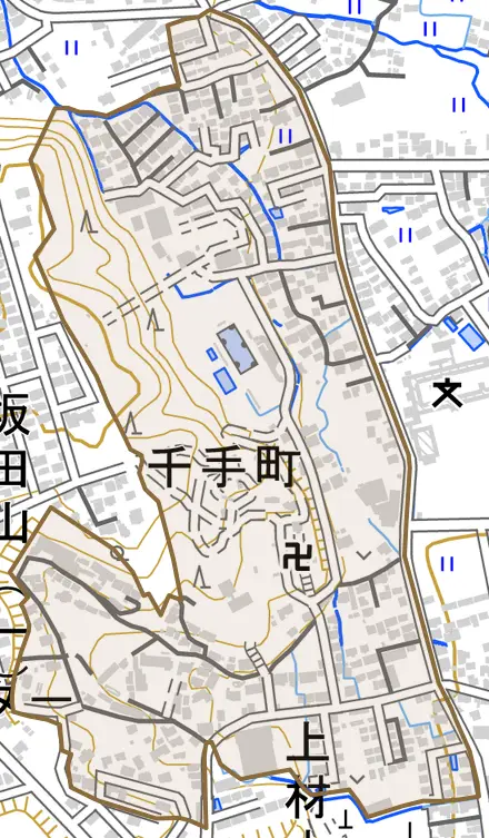 千手町とその周辺の地図。町の範囲を重ねている