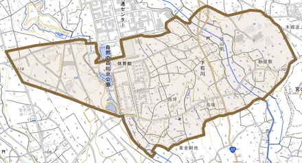 下石川とその周辺の地図。町の範囲を重ねている