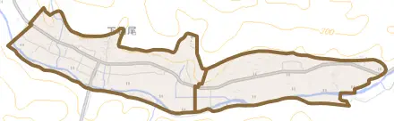 下粕尾とその周辺の地図。町の範囲を重ねている