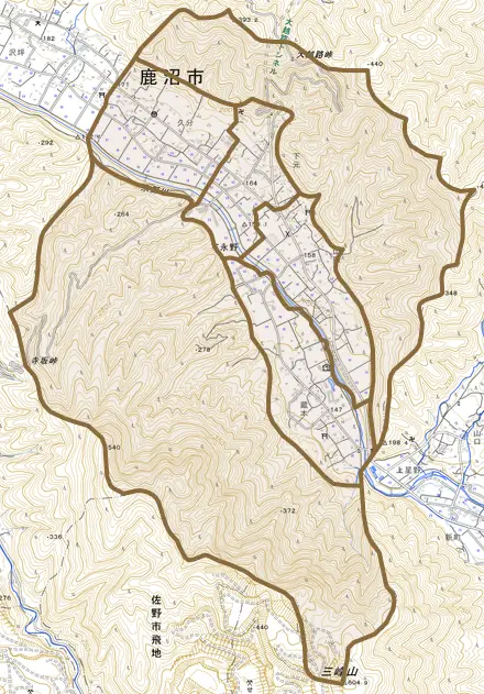 下永野とその周辺の地図。町の範囲を重ねている