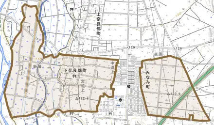 下奈良部町とその周辺の地図。町の範囲を重ねている