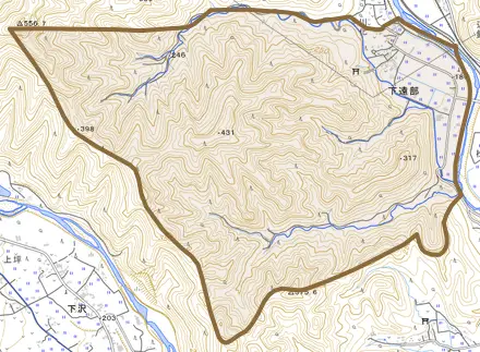 下遠部とその周辺の地図。町の範囲を重ねている