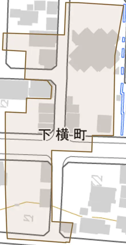 下横町とその周辺の地図。町の範囲を重ねている
