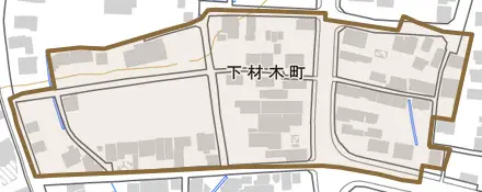 下材木町とその周辺の地図。町の範囲を重ねている