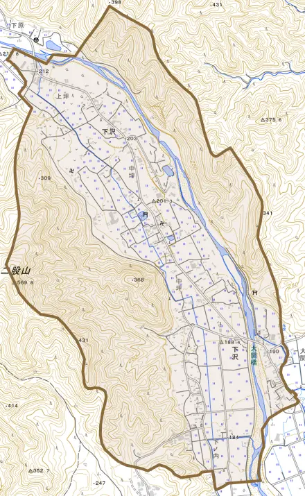 下沢とその周辺の地図。町の範囲を重ねている
