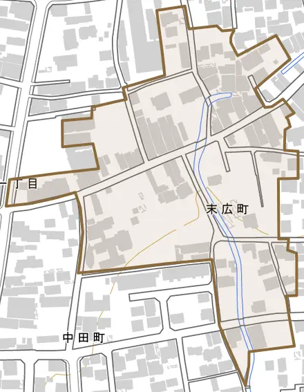 末広町とその周辺の地図。町の範囲を重ねている