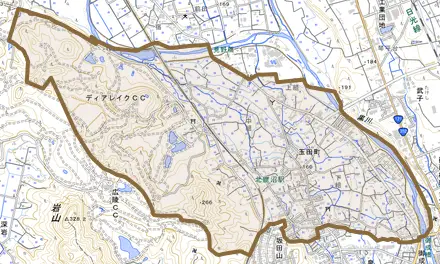 玉田町とその周辺の地図。町の範囲を重ねている