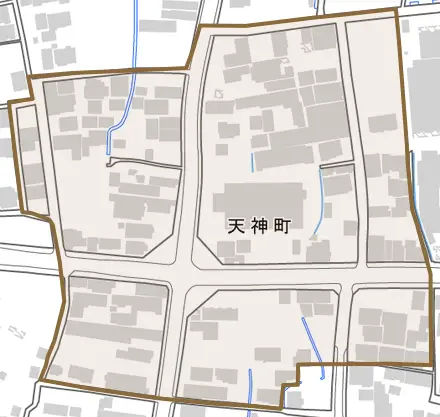 天神町とその周辺の地図。町の範囲を重ねている