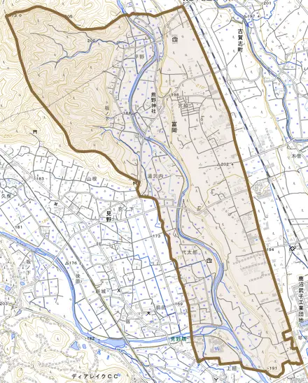 富岡とその周辺の地図。町の範囲を重ねている