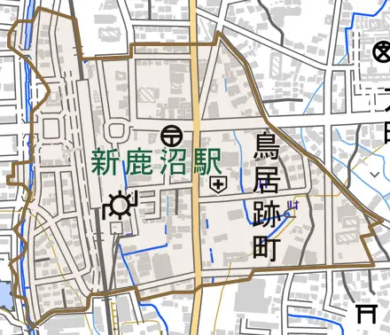 鳥居跡町とその周辺の地図。町の範囲を重ねている