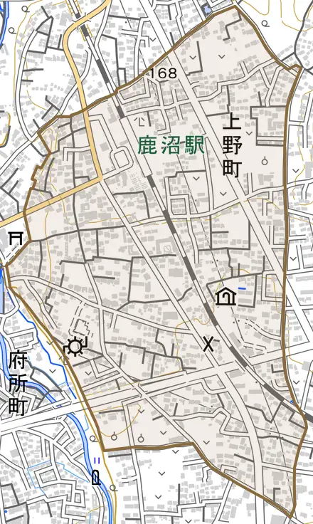 上野町とその周辺の地図。町の範囲を重ねている