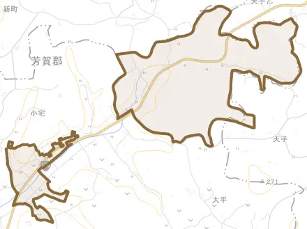 大字芦沼とその周辺の地図。町の範囲を重ねている