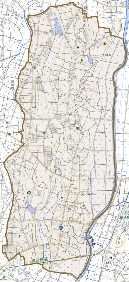 大字塙とその周辺の地図。町の範囲を重ねている