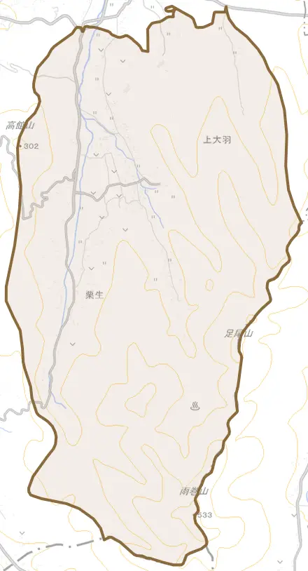 大字上大羽とその周辺の地図。町の範囲を重ねている