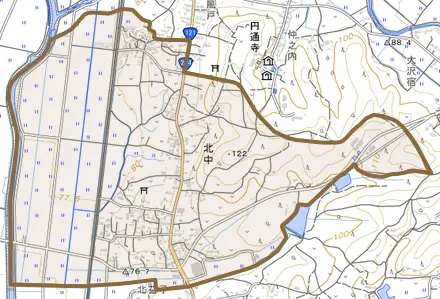 大字北中とその周辺の地図。町の範囲を重ねている