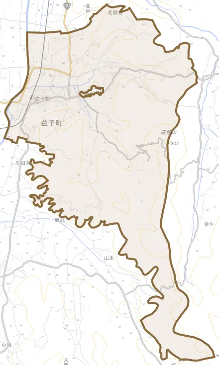 大字益子とその周辺の地図。町の範囲を重ねている