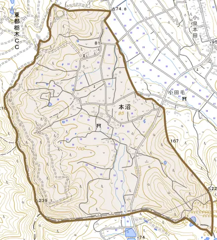 大字本沼とその周辺の地図。町の範囲を重ねている