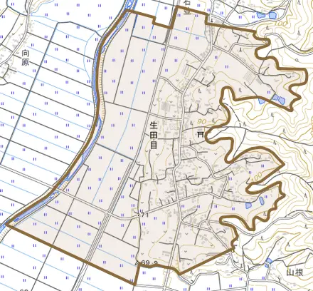 大字生田目とその周辺の地図。町の範囲を重ねている