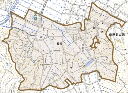 大字長堤とその周辺の地図。町の範囲を重ねている