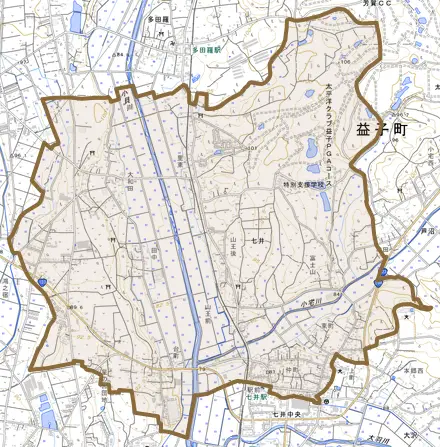 大字七井とその周辺の地図。町の範囲を重ねている