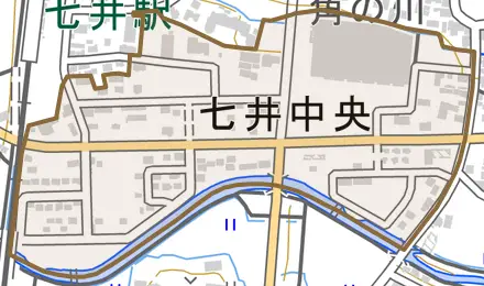 七井中央とその周辺の地図。町の範囲を重ねている