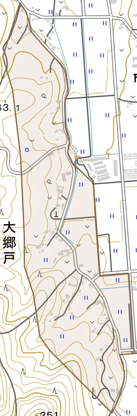大字大郷戸とその周辺の地図。町の範囲を重ねている