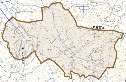 大字大平とその周辺の地図。町の範囲を重ねている
