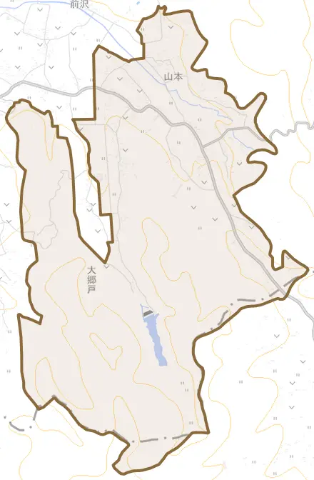 大字山本とその周辺の地図。町の範囲を重ねている