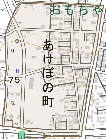 あけぼの町とその周辺の地図。町の範囲を重ねている
